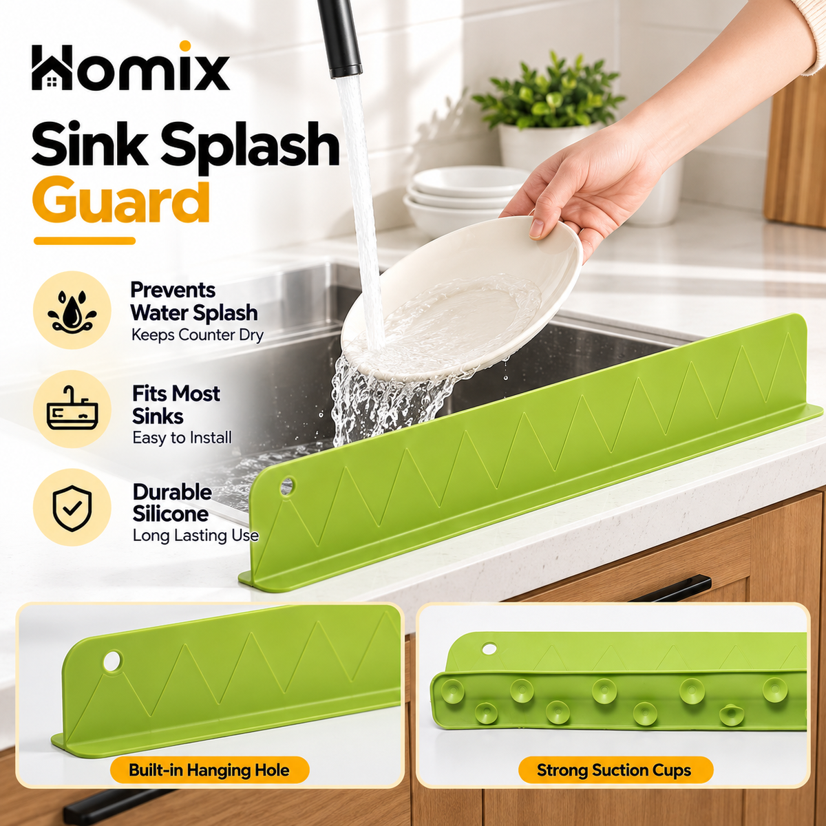Kitchen Sink Splash Guard - Soft Silicone - Large Size - 16 Inch - Double Suction
