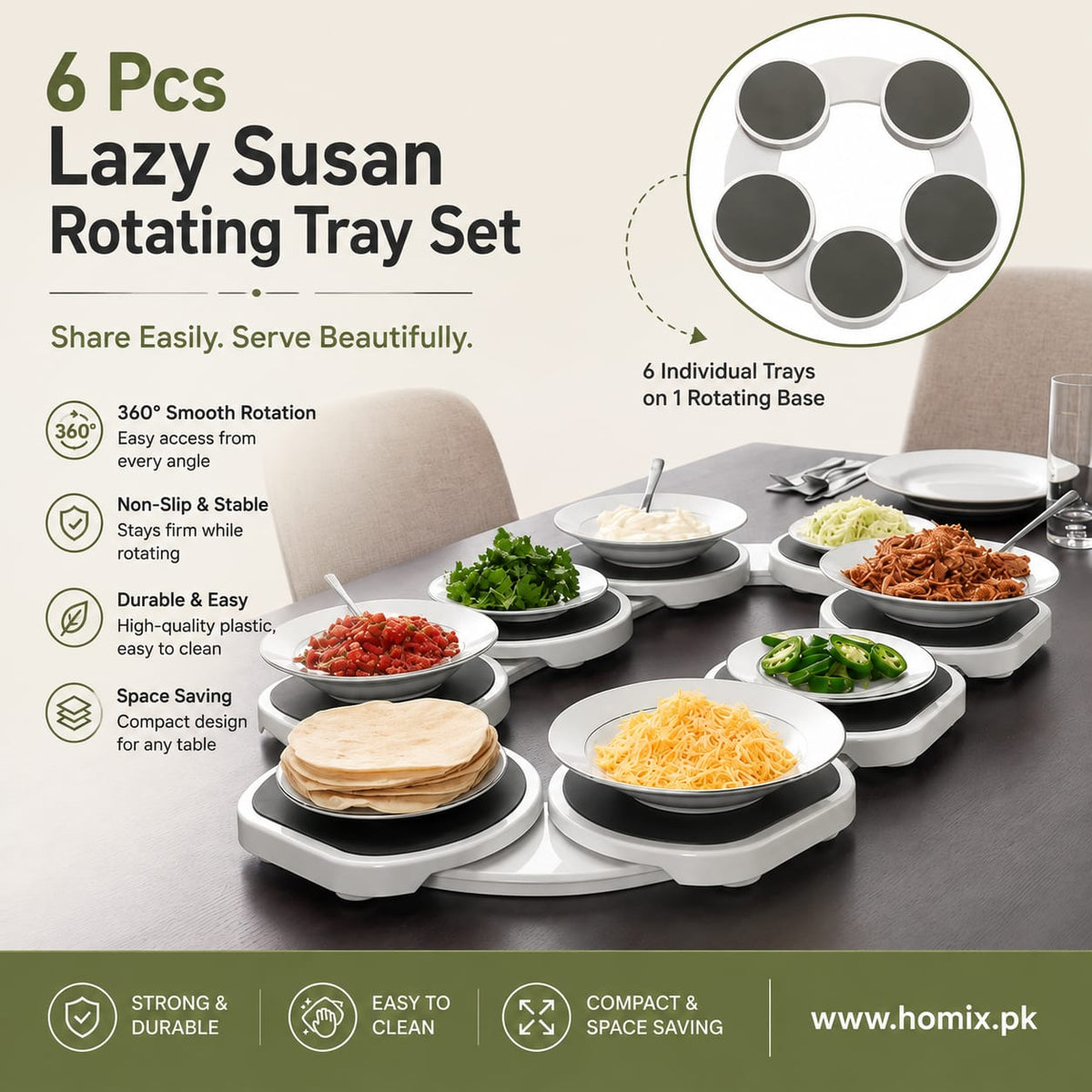 Portable Rotating Lazy Susan Tray 6 Pcs plates for Kitchen Dining Table
