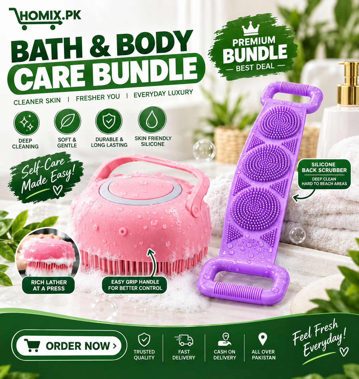 2-in-1 Silicone Bath Brush & Back Scrubber